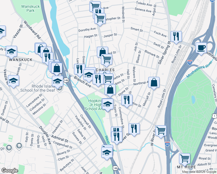 map of restaurants, bars, coffee shops, grocery stores, and more near 306 Hawkins Street in Providence