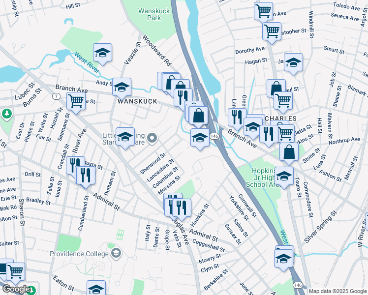 map of restaurants, bars, coffee shops, grocery stores, and more near 132 Cornwall Street in Providence