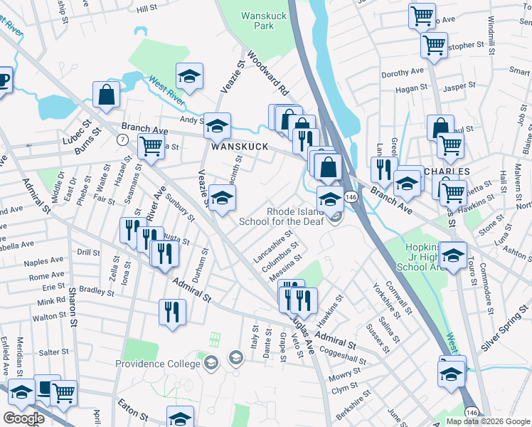 map of restaurants, bars, coffee shops, grocery stores, and more near 75 Stansbury Street in Providence