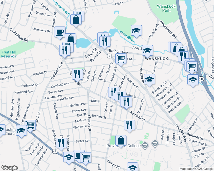 map of restaurants, bars, coffee shops, grocery stores, and more near 49 Hazael Street in Providence