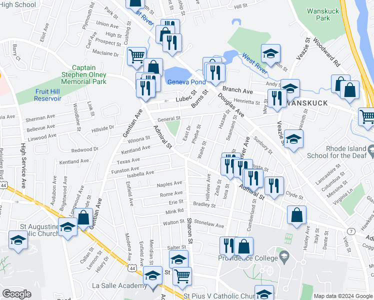 map of restaurants, bars, coffee shops, grocery stores, and more near 15 East Drive in Providence