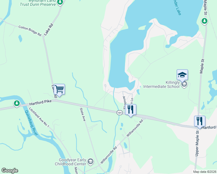 map of restaurants, bars, coffee shops, grocery stores, and more near 5 Lawton Lane in Killingly
