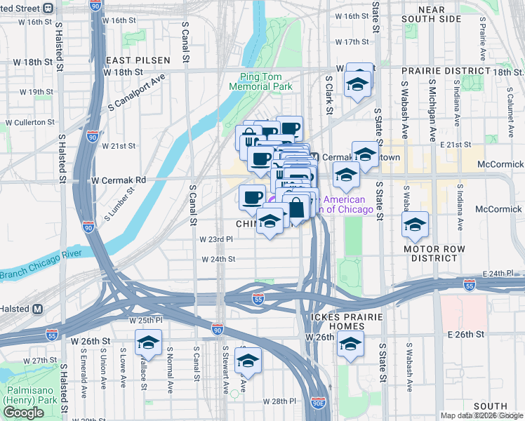 map of restaurants, bars, coffee shops, grocery stores, and more near 266 West Alexander Street in Chicago