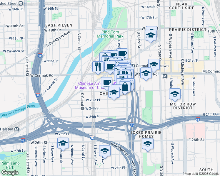 map of restaurants, bars, coffee shops, grocery stores, and more near 266 West Alexander Street in Chicago