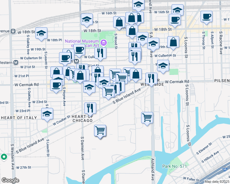 map of restaurants, bars, coffee shops, grocery stores, and more near 2225 South Wood Street in Chicago