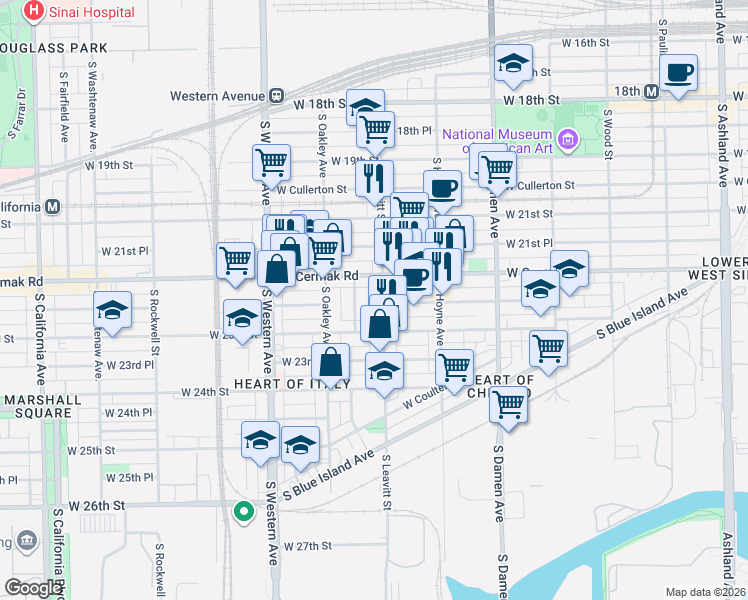 map of restaurants, bars, coffee shops, grocery stores, and more near 2218 South Leavitt Street in Chicago