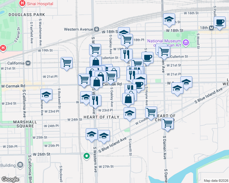 map of restaurants, bars, coffee shops, grocery stores, and more near 2214 South Bell Avenue in Chicago