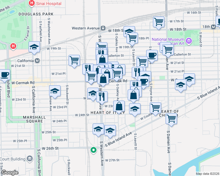map of restaurants, bars, coffee shops, grocery stores, and more near 2322 West 22nd Place in Chicago