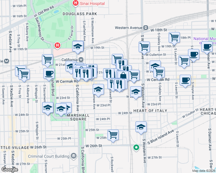 map of restaurants, bars, coffee shops, grocery stores, and more near 2617 West Cermak Road in Chicago