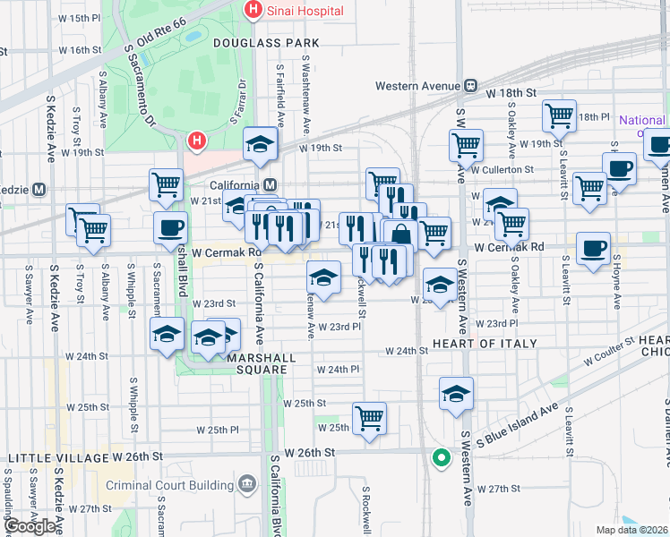 map of restaurants, bars, coffee shops, grocery stores, and more near 2617 West Cermak Road in Chicago