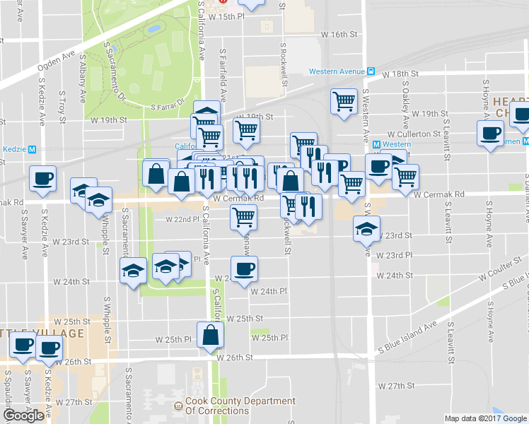 map of restaurants, bars, coffee shops, grocery stores, and more near 2617 West Cermak Road in Chicago