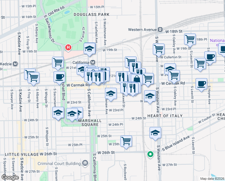 map of restaurants, bars, coffee shops, grocery stores, and more near 2617 West Cermak Road in Chicago