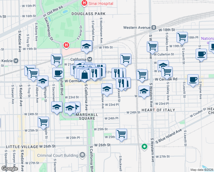 map of restaurants, bars, coffee shops, grocery stores, and more near 2216 South Washtenaw Avenue in Chicago