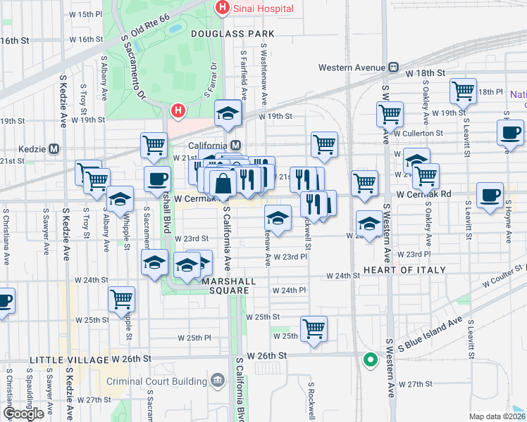 map of restaurants, bars, coffee shops, grocery stores, and more near 2216 South Washtenaw Avenue in Chicago