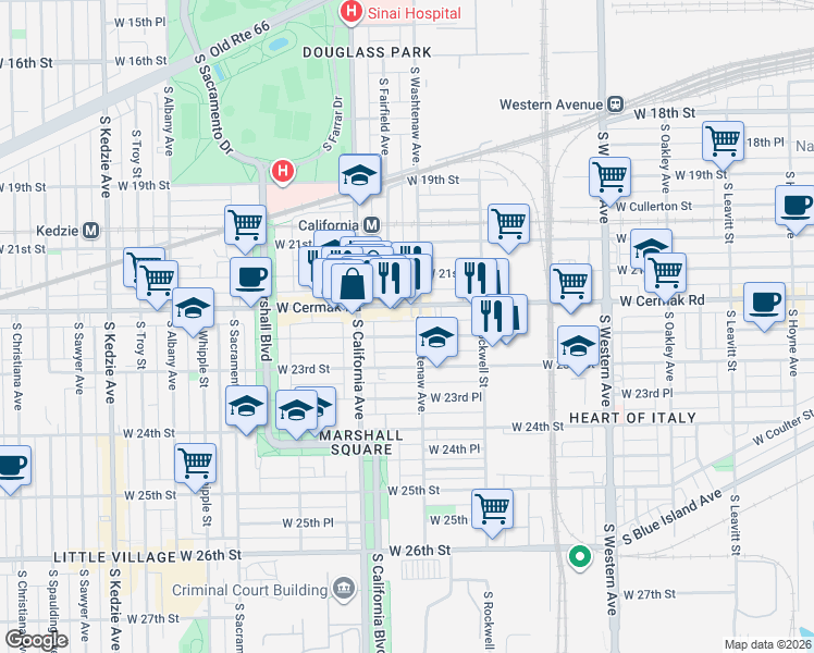 map of restaurants, bars, coffee shops, grocery stores, and more near 2216 South Washtenaw Avenue in Chicago