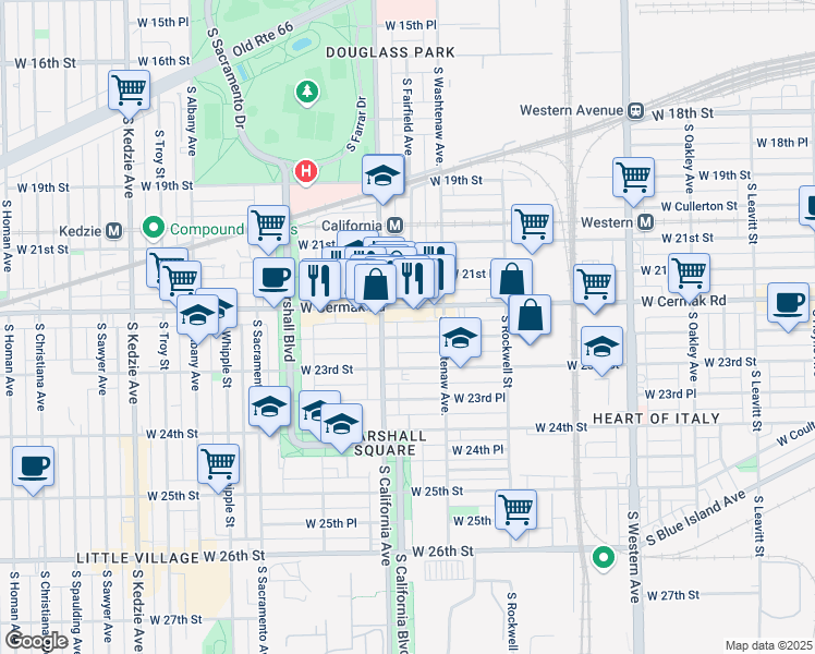 map of restaurants, bars, coffee shops, grocery stores, and more near 2745 West Cermak Road in Chicago