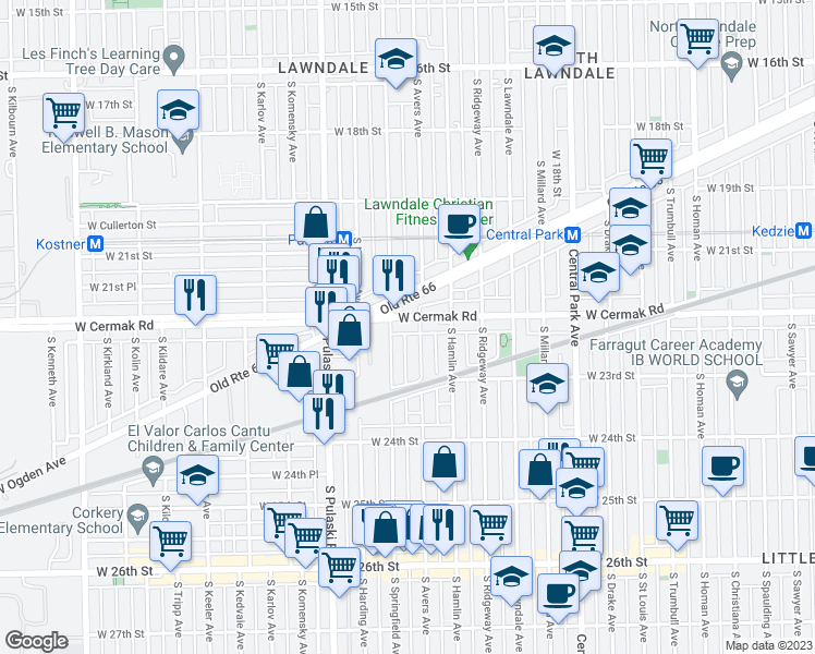 map of restaurants, bars, coffee shops, grocery stores, and more near 3839 West Cermak Road in Chicago