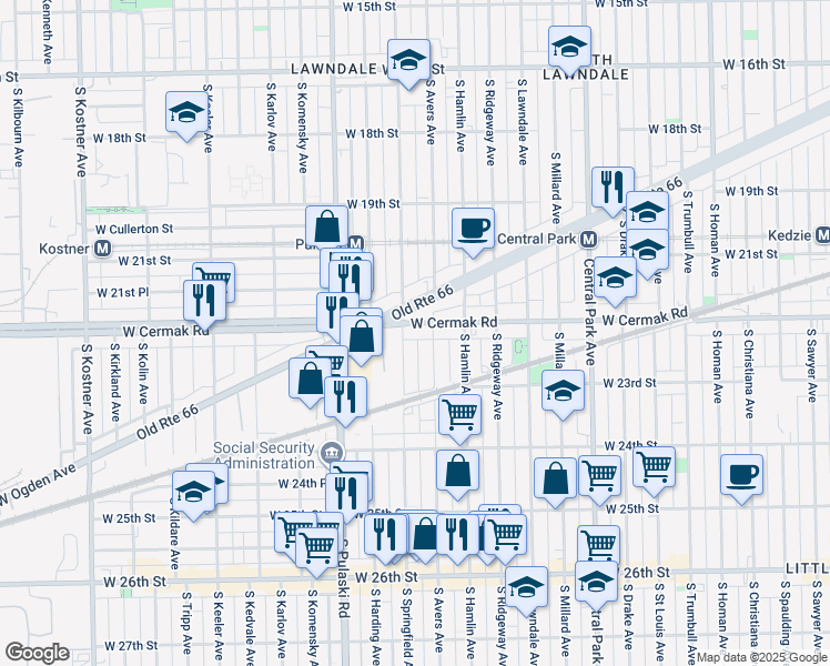 map of restaurants, bars, coffee shops, grocery stores, and more near 3839 West Cermak Road in Chicago