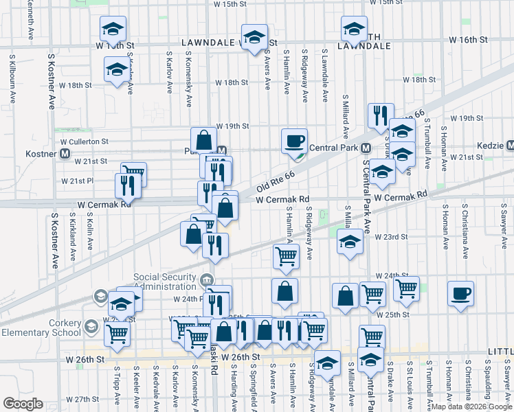 map of restaurants, bars, coffee shops, grocery stores, and more near 3839 West Cermak Road in Chicago