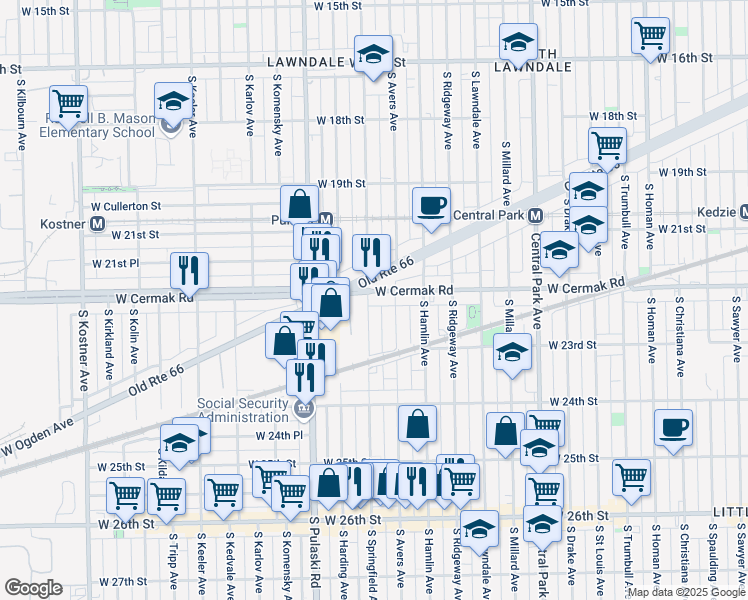 map of restaurants, bars, coffee shops, grocery stores, and more near 3839 West Cermak Road in Chicago