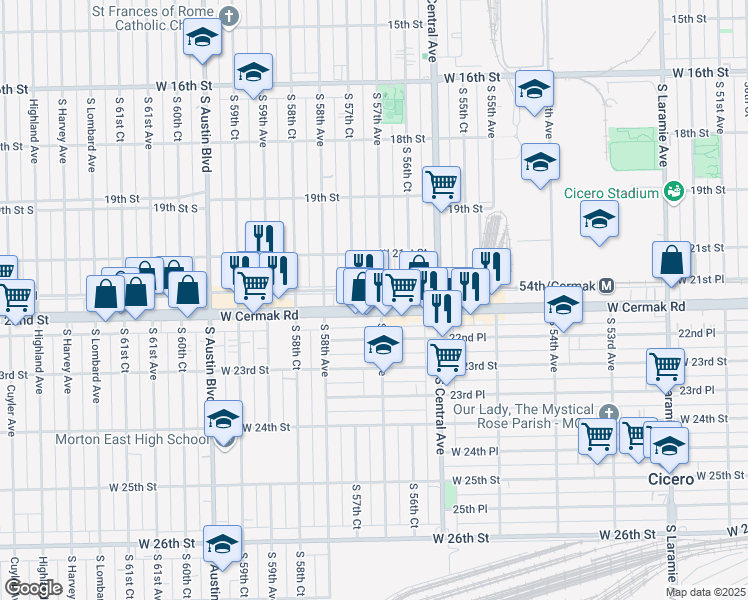 map of restaurants, bars, coffee shops, grocery stores, and more near 5700 West Cermak Road in Cicero