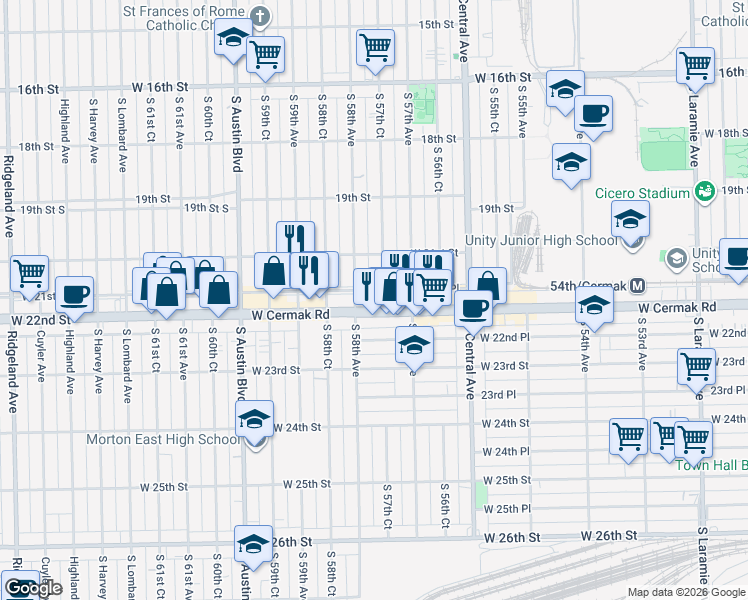 map of restaurants, bars, coffee shops, grocery stores, and more near 5732 West 21st Place in Cicero