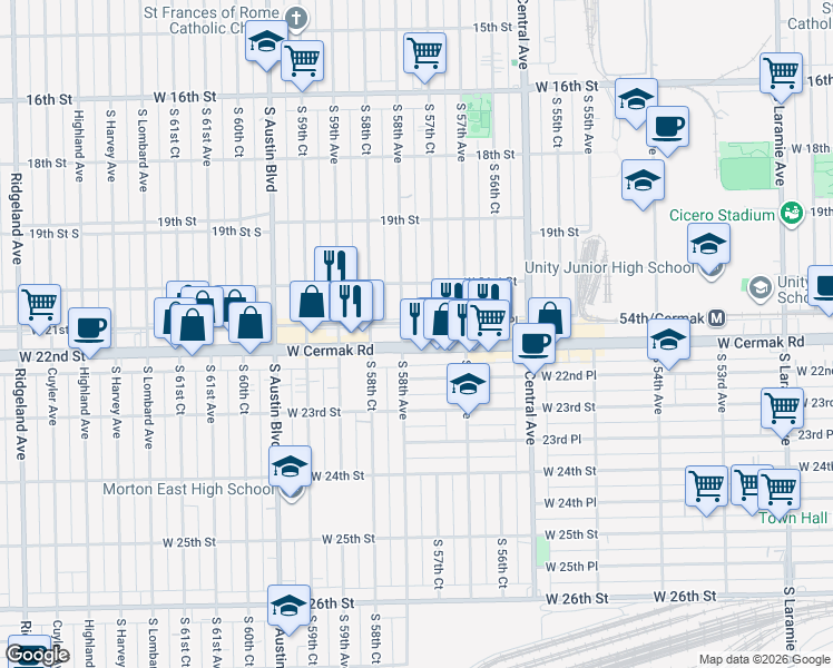 map of restaurants, bars, coffee shops, grocery stores, and more near 5732 West 21st Place in Cicero