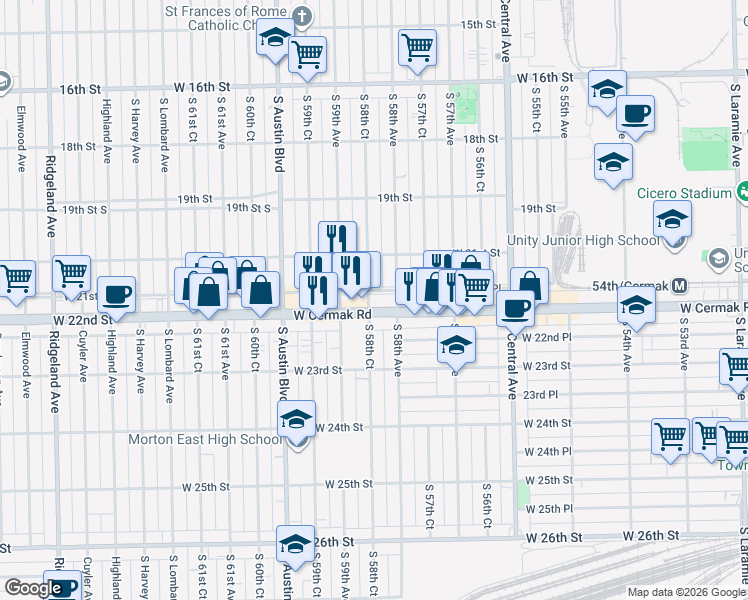 map of restaurants, bars, coffee shops, grocery stores, and more near 5810 Cermak Road in Cicero