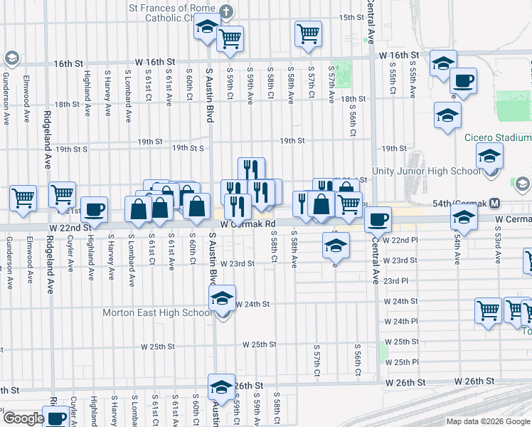 map of restaurants, bars, coffee shops, grocery stores, and more near 2129 South 59th Avenue in Cicero