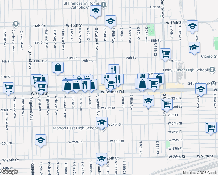 map of restaurants, bars, coffee shops, grocery stores, and more near 2127 South 59th Court in Cicero