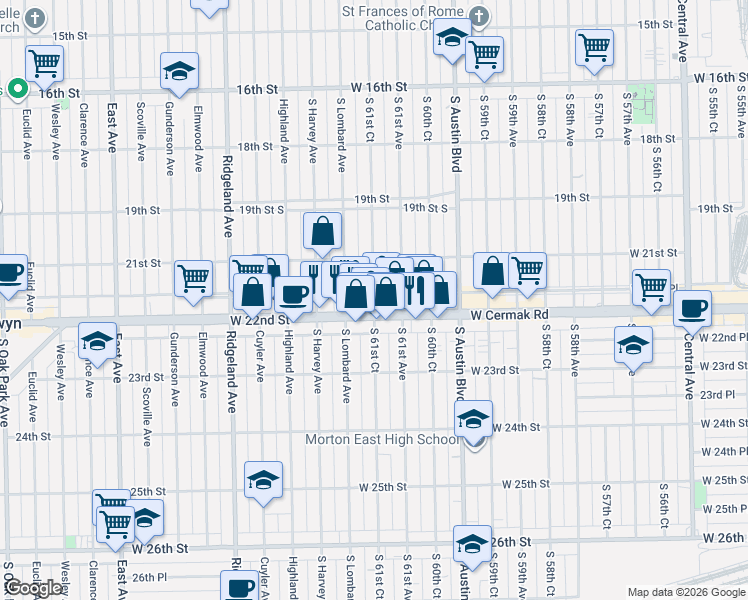 map of restaurants, bars, coffee shops, grocery stores, and more near 2135 South 61st Court in Cicero