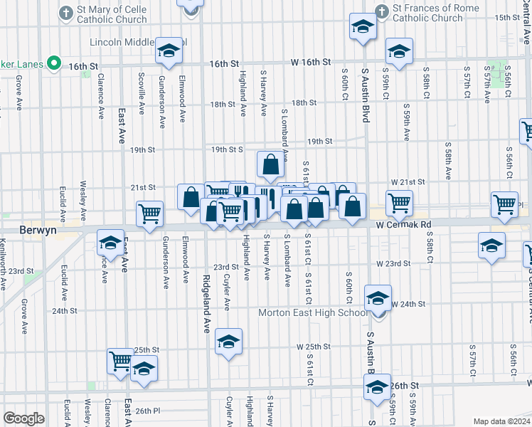 map of restaurants, bars, coffee shops, grocery stores, and more near 2130 South Harvey Avenue in Berwyn