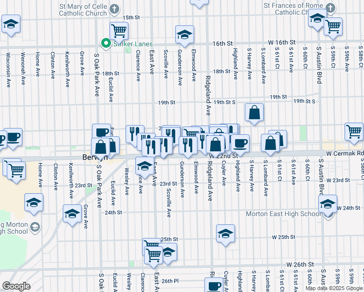 map of restaurants, bars, coffee shops, grocery stores, and more near 2125 Gunderson Avenue in Berwyn