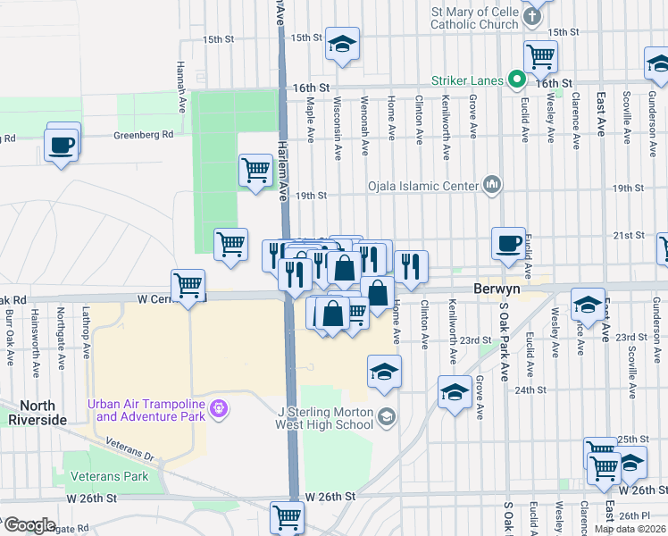 map of restaurants, bars, coffee shops, grocery stores, and more near 2121 Wisconsin Avenue in Berwyn