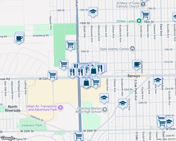 map of restaurants, bars, coffee shops, grocery stores, and more near 2120 Maple Avenue in Berwyn