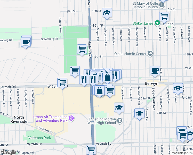 map of restaurants, bars, coffee shops, grocery stores, and more near 2120 Maple Avenue in Berwyn