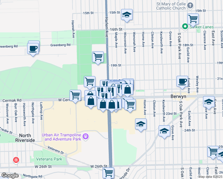map of restaurants, bars, coffee shops, grocery stores, and more near 2100 South Harlem Avenue in North Riverside