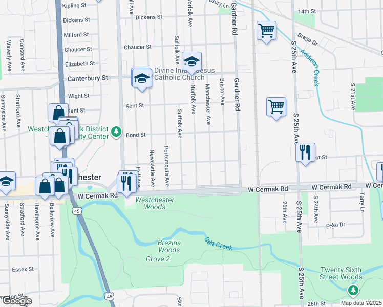 map of restaurants, bars, coffee shops, grocery stores, and more near 1933 Suffolk Avenue in Westchester