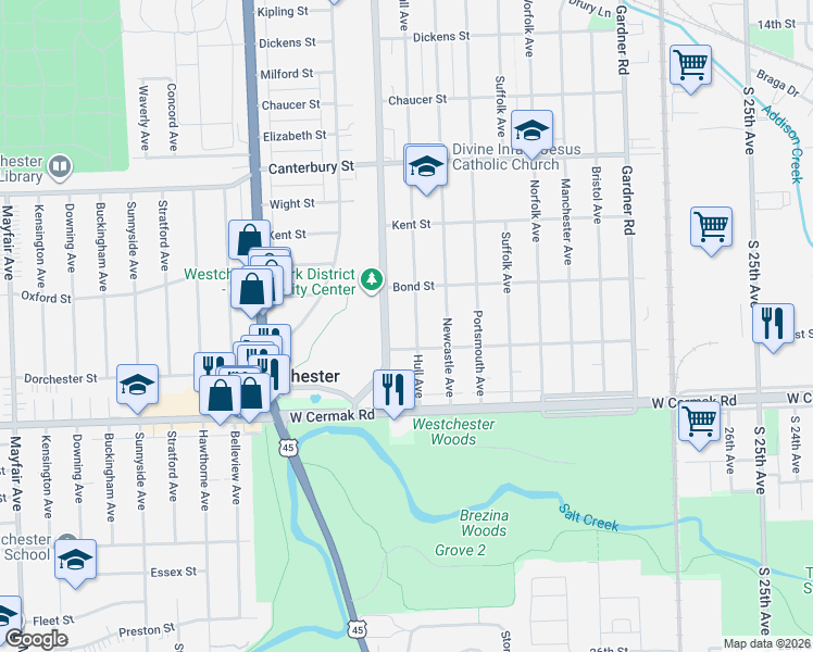 map of restaurants, bars, coffee shops, grocery stores, and more near 1932 Hull Avenue in Westchester