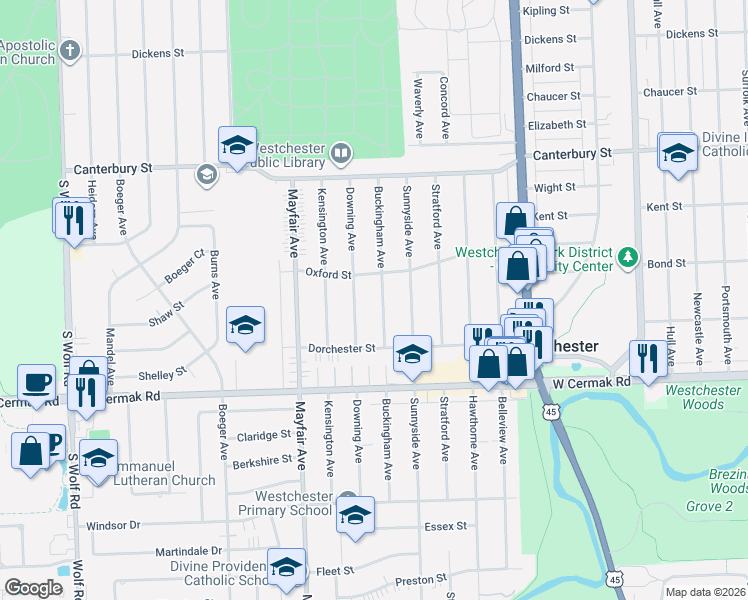 map of restaurants, bars, coffee shops, grocery stores, and more near 1871 Buckingham Avenue in Westchester