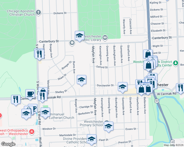 map of restaurants, bars, coffee shops, grocery stores, and more near 1870 Mayfair Avenue in Westchester