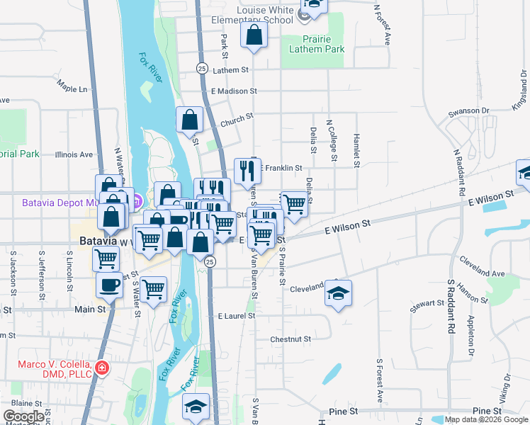 map of restaurants, bars, coffee shops, grocery stores, and more near 327 State Street in Batavia