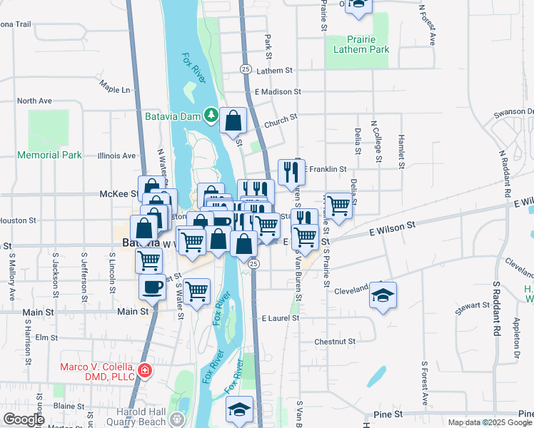 map of restaurants, bars, coffee shops, grocery stores, and more near 109 North Washington Avenue in Batavia