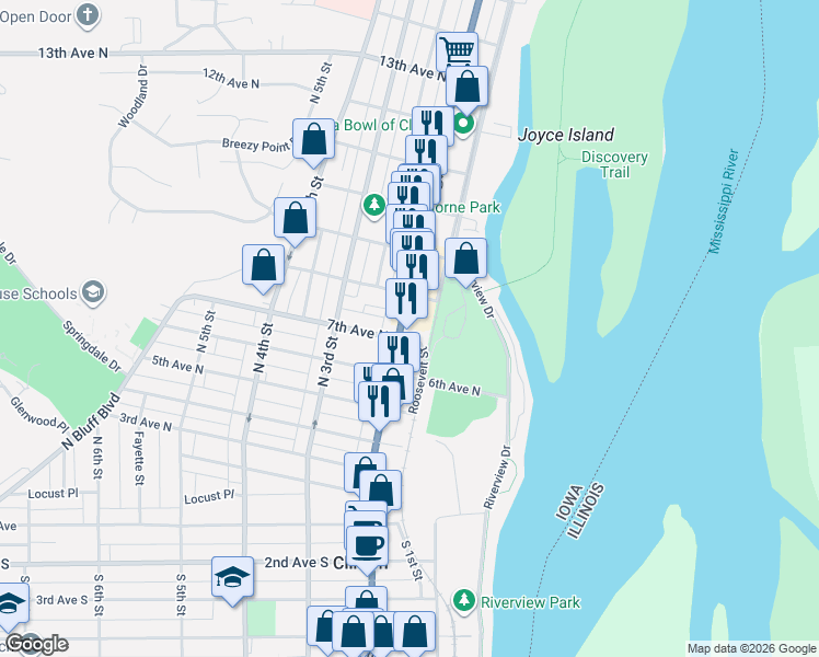 map of restaurants, bars, coffee shops, grocery stores, and more near 710 U.S. 67 in Clinton