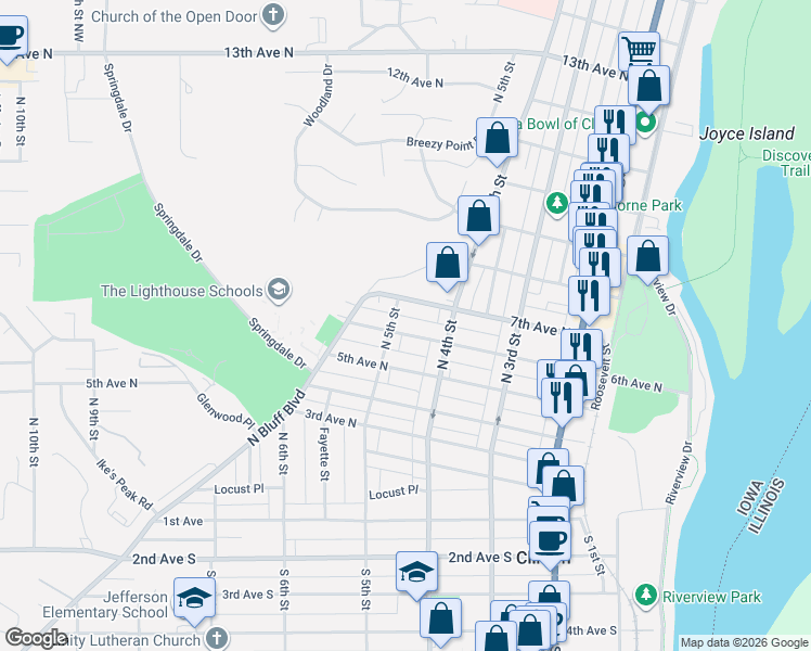 map of restaurants, bars, coffee shops, grocery stores, and more near 423 7th Avenue North in Clinton