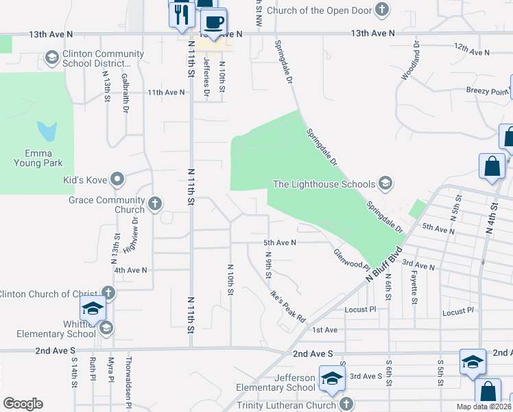 map of restaurants, bars, coffee shops, grocery stores, and more near 709 7th Avenue North Court in Clinton