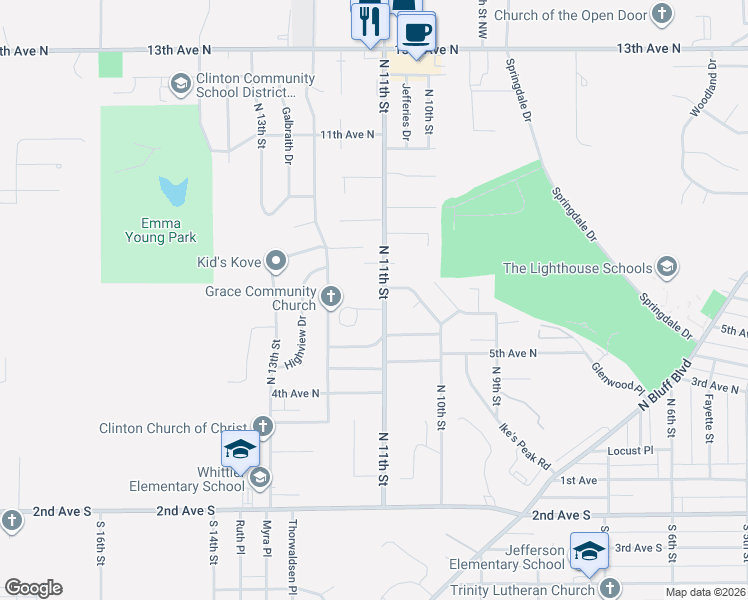 map of restaurants, bars, coffee shops, grocery stores, and more near 700-718 North 11th Street in Clinton