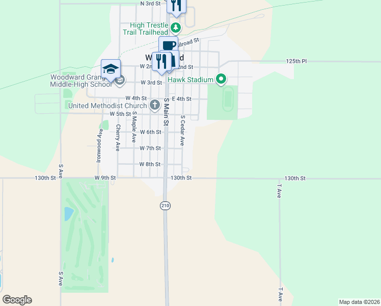 map of restaurants, bars, coffee shops, grocery stores, and more near 701 South Cedar Avenue in Woodward