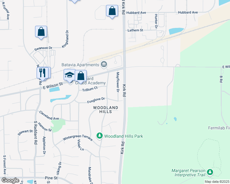 map of restaurants, bars, coffee shops, grocery stores, and more near 118 Mayflower Drive in Batavia