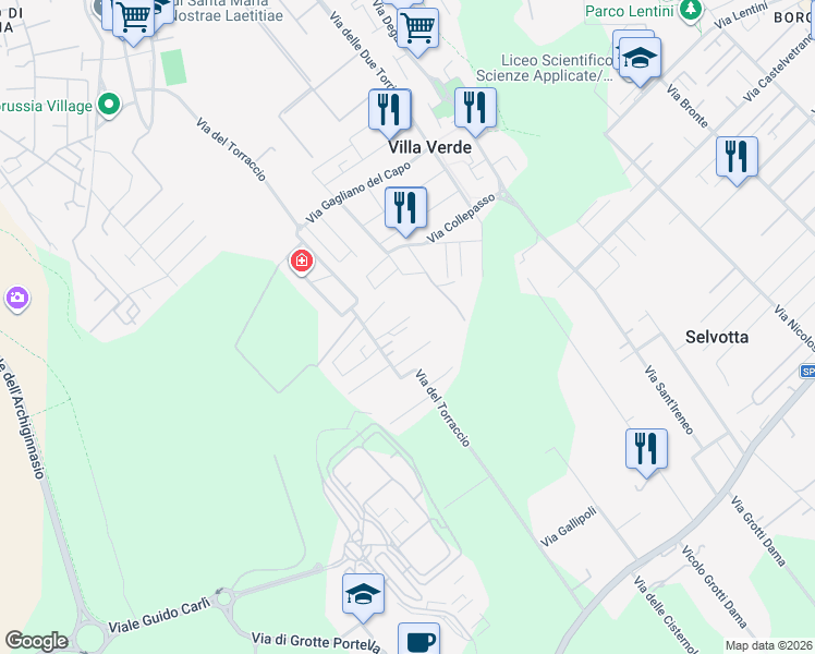 map of restaurants, bars, coffee shops, grocery stores, and more near 19 Via Mottola in Roma